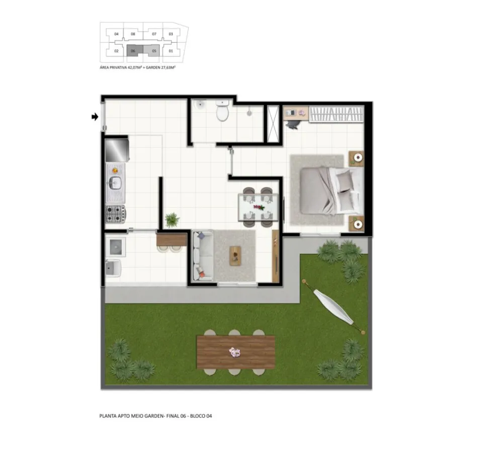 Planta do apartamento garden de 2 dormitórios, final de meio — Solare - Mogi Moderno