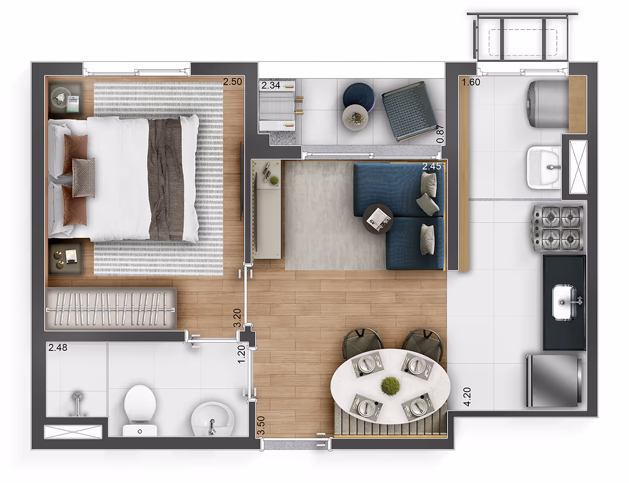Planta do apartamento de 1 dormitório — Máximo Braz Cubas