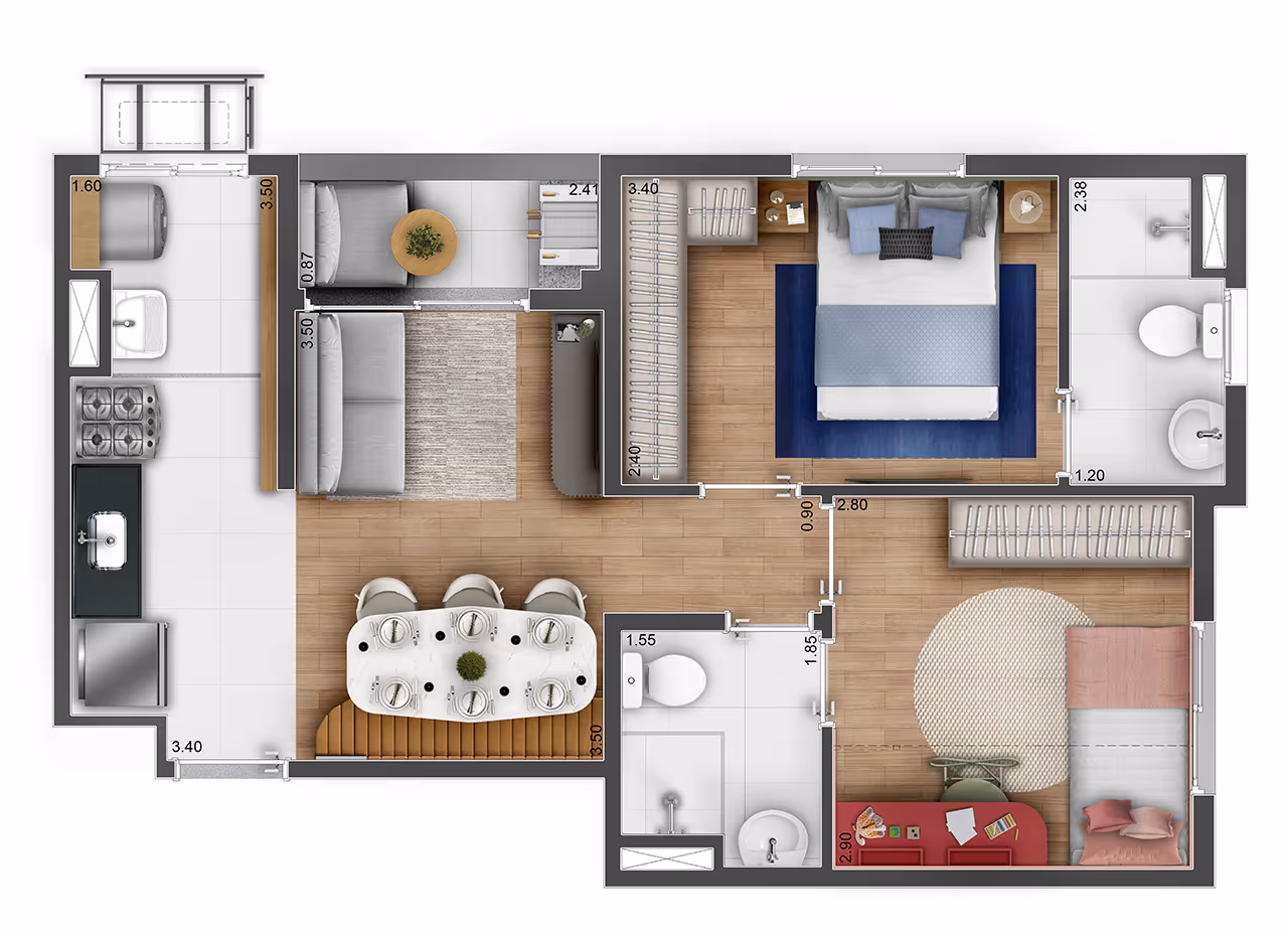 Planta do apartamento de 2 dormitórios — Máximo Braz Cubas