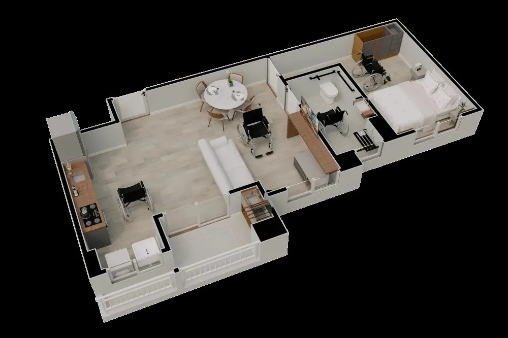 Planta humanizada da unidade adaptada para PCD, com 1 dormitório — Sou Pleno Home
