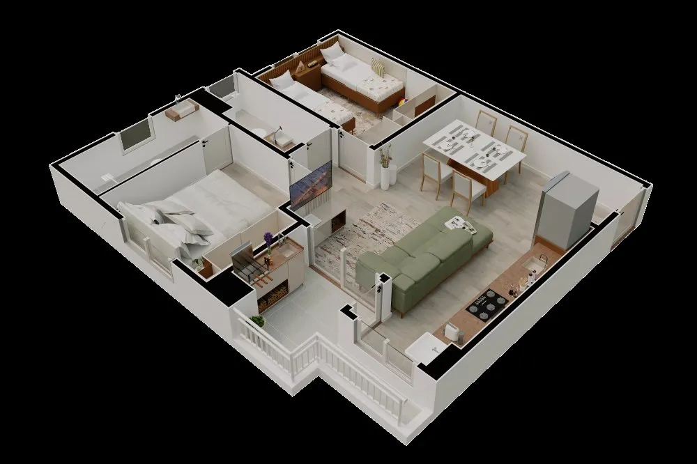 Planta humanizada do apartamento de 2 dormitórios, segunda opção — Sou Pleno Home
