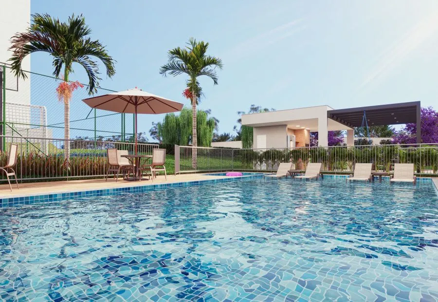 Piscina com deck e área de descanso — Mirage Mogi Moderno