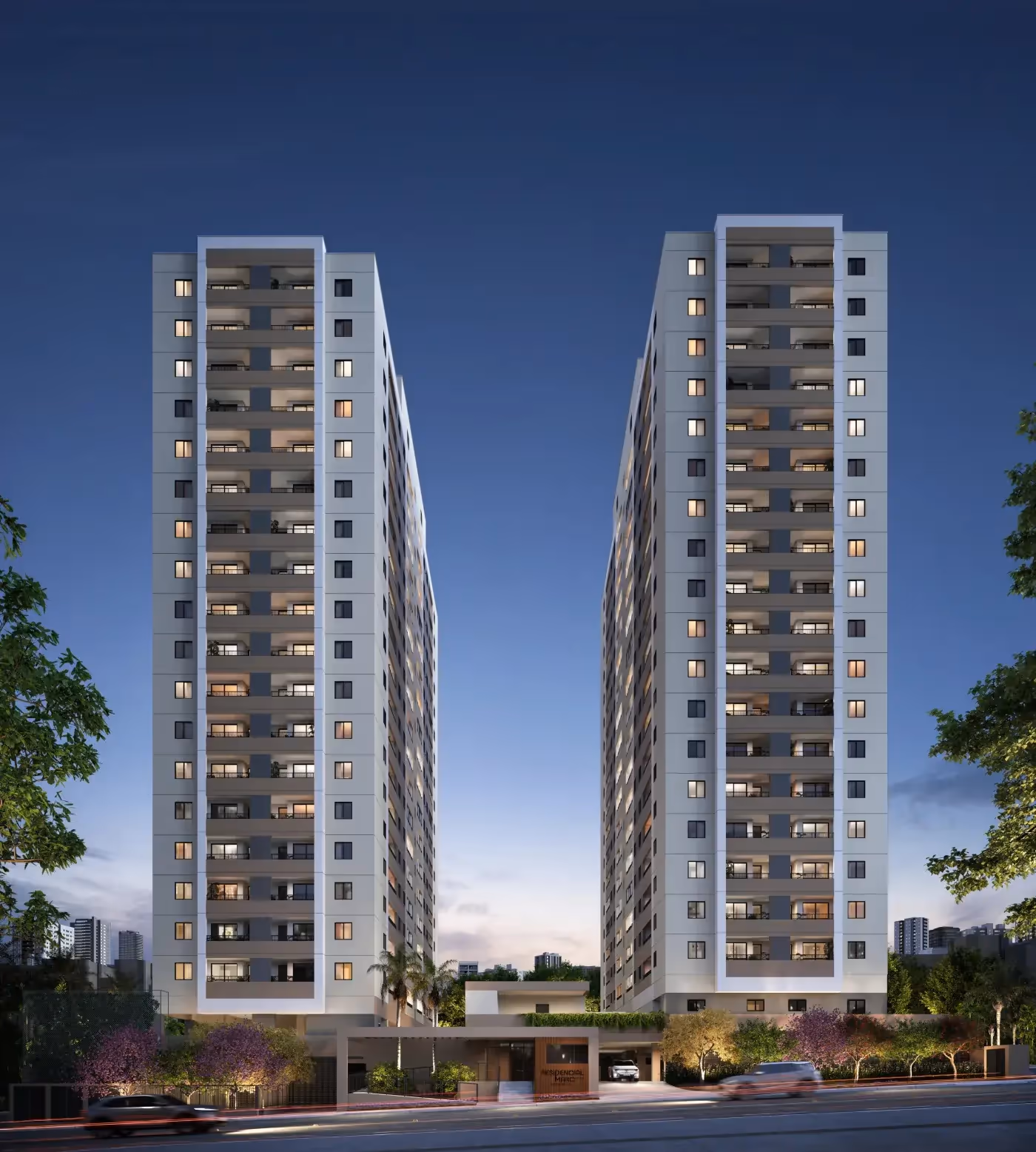 Perspectiva da fachada das duas torres do Residencial Marô, no Pátio Guarulhos, na Itapegica, em Guarulhos