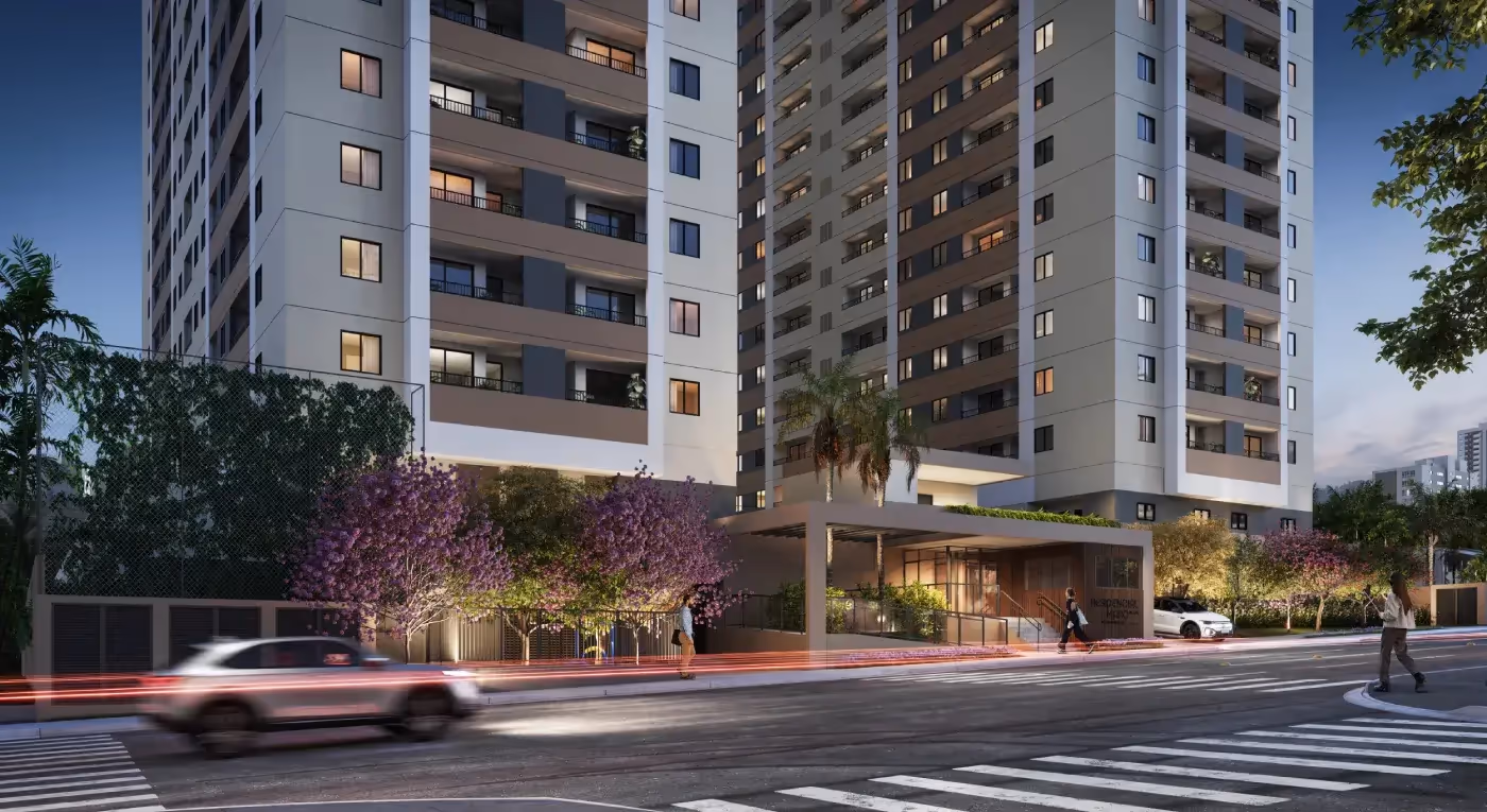 Portaria e torres vistas da rua, ao entardecer — Residencial Marô