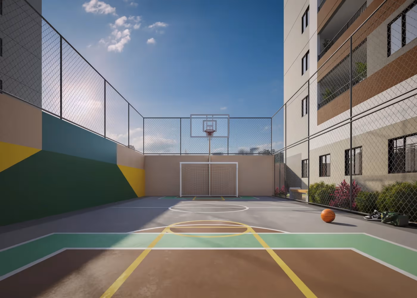 Quadra com tabela de basquete e gol — Residencial Marô