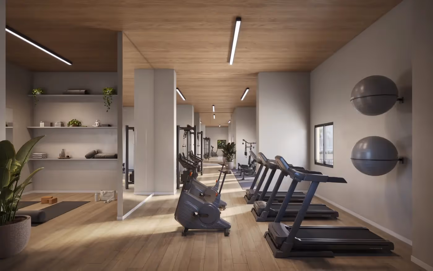 Academia com esteiras, bicicleta ergométrica e aparelhos de musculação — Residencial Marô