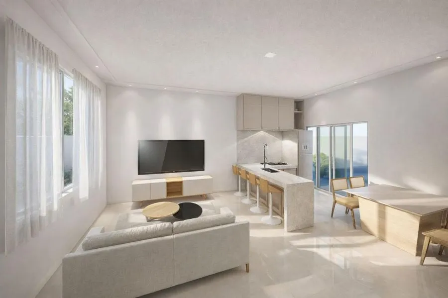 Sala de estar integrada à cozinha — Casa com 2 dormitórios sendo uma suíte, garagem e quintal