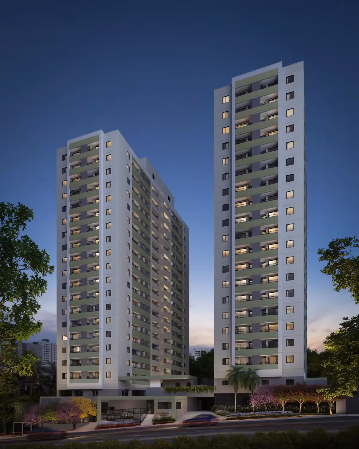 Perspectiva da fachada das duas torres do Residencial Momi, na Rua Engenheiro Camilo Olivetti, na Itapegica, em Guarulhos
