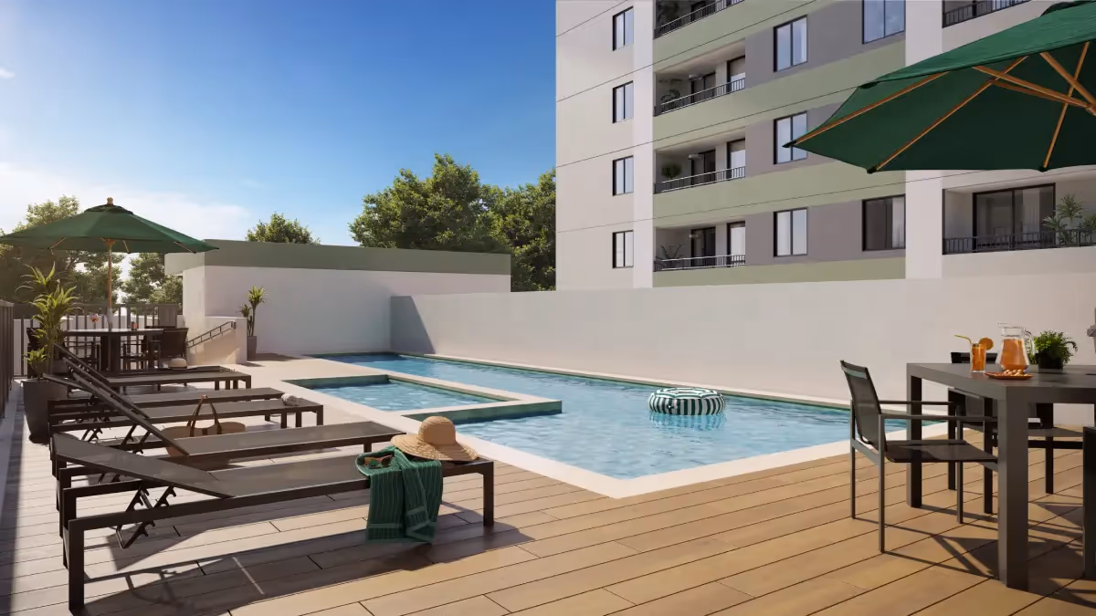Piscina adulto e infantil com deck e espreguiçadeiras — Residencial Momi