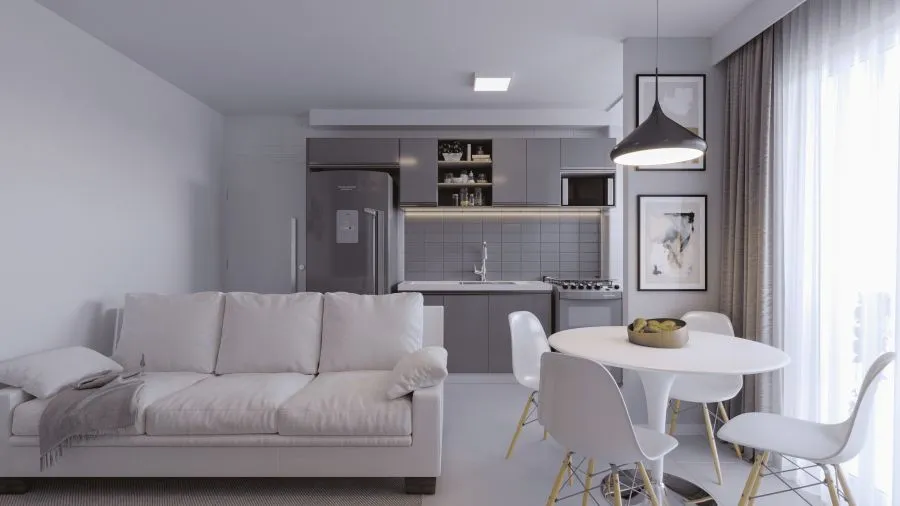 Living decorado integrado à cozinha — Residencial Boa Vista