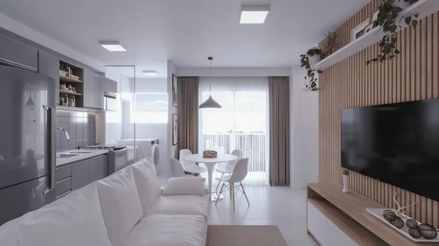 Living decorado com painel de TV — Residencial Boa Vista