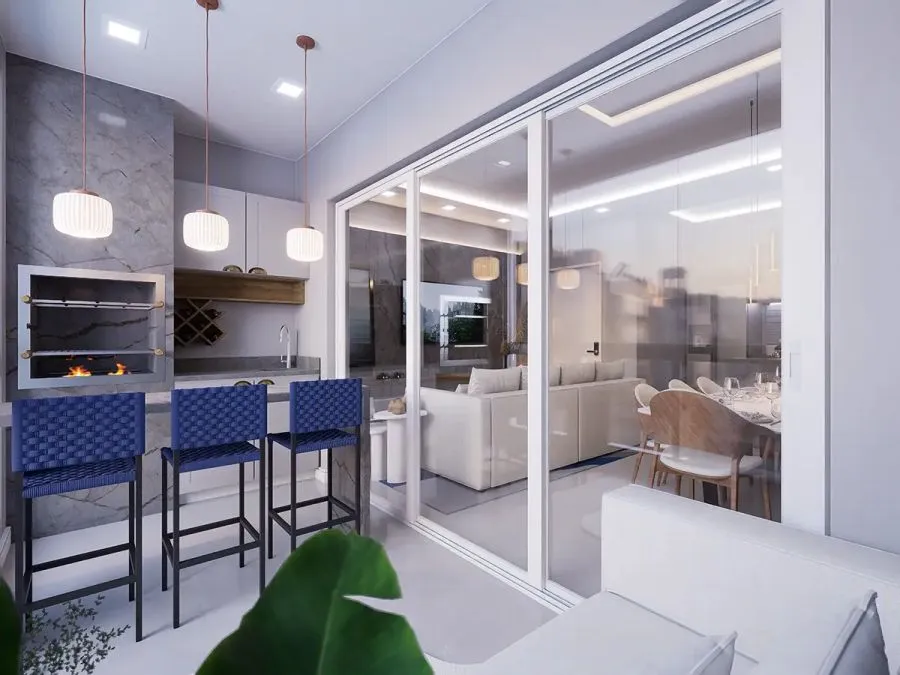 Varanda gourmet com churrasqueira — Santorini Residencial